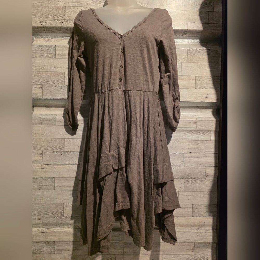 Mystree Taupe Asymmetrical V-Neck Dress